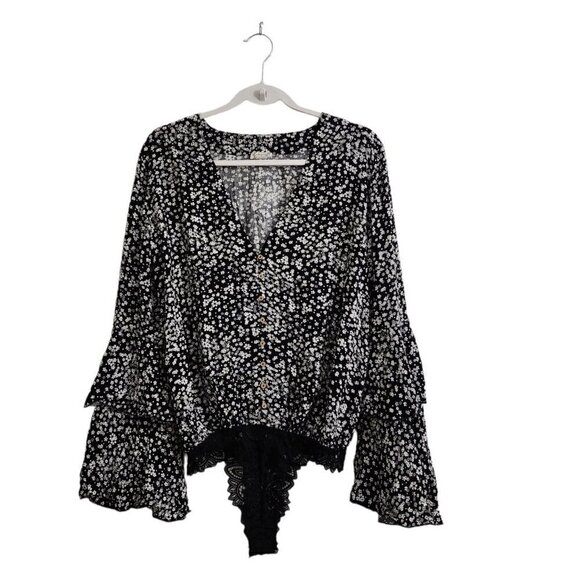 Intimately Free People Blouse S Black Ditsy Floral Bodysuit Dramatical‎ Ruffled - Picture 2 of 15